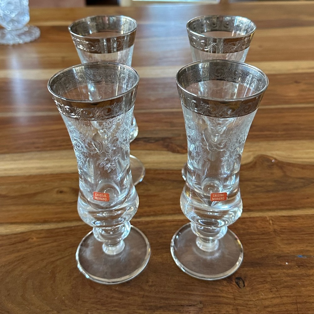 Set of 4, Vintage Mid-Century Cristal Murano Medici Etched Champagne Glasses